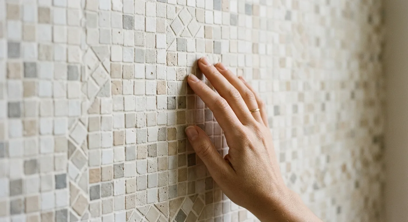 A close-up shot of a person's hand touching the textured matte surface of a Zellige-style wallpaper, showing the subtle 