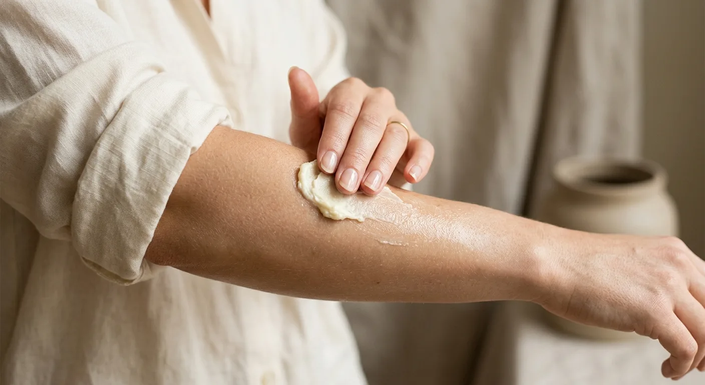 A close-up shot of rich, organic shea butter being smoothed onto a person's arm, showing a dewy, hydrated glow and a smo