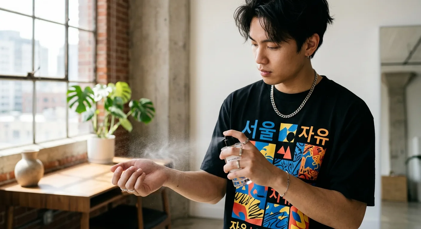 A close-up of a stylish person in a vibrant Korean graphic tee, lightly misting a luxury fragrance onto their wrist in a