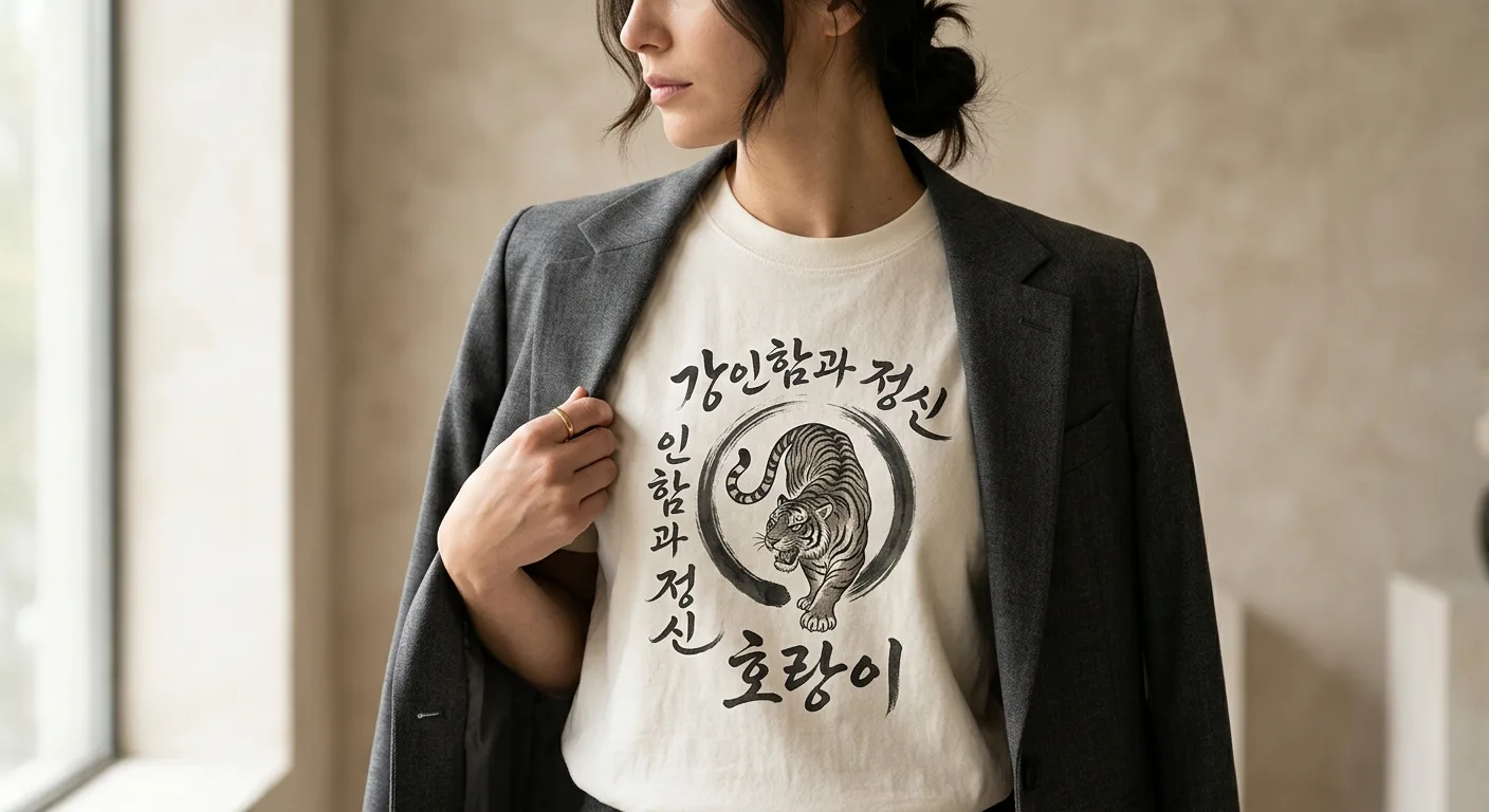 A close-up of a premium cotton t-shirt featuring intricate Korean calligraphy and a vintage-style tiger illustration, st