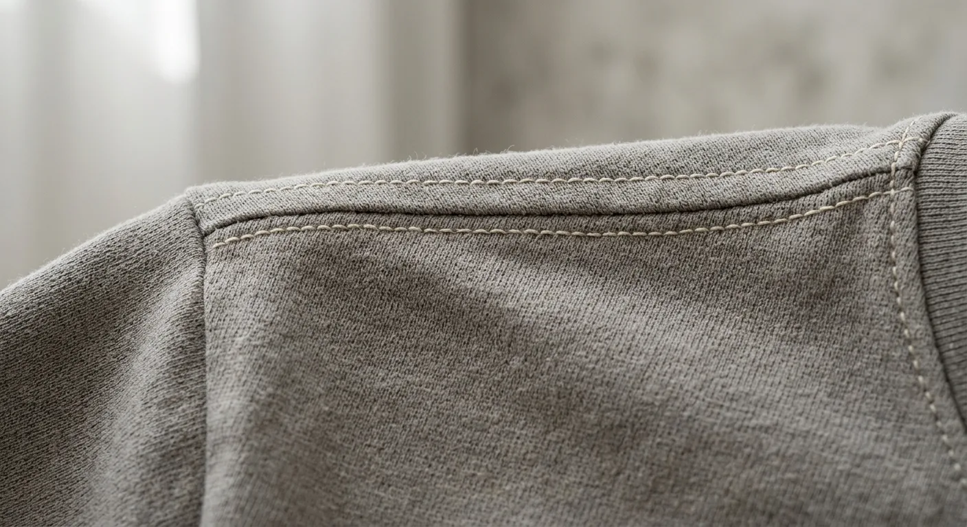 A close-up of a high-quality heavyweight cotton fabric texture showing the durable double-needle stitching of a premium