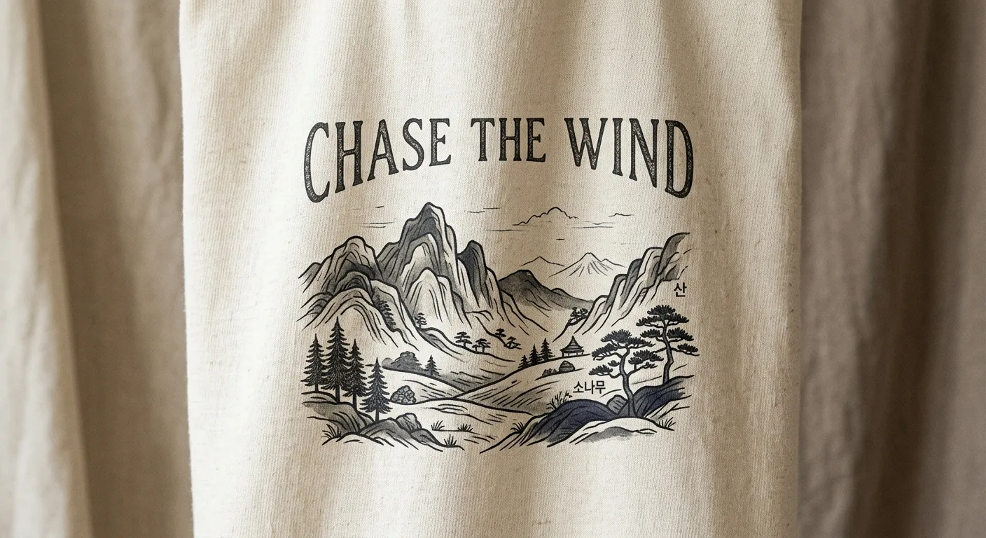 A close-up of premium cotton fabric texture showing an intricate Korean-designed graphic of a mountain landscape with th