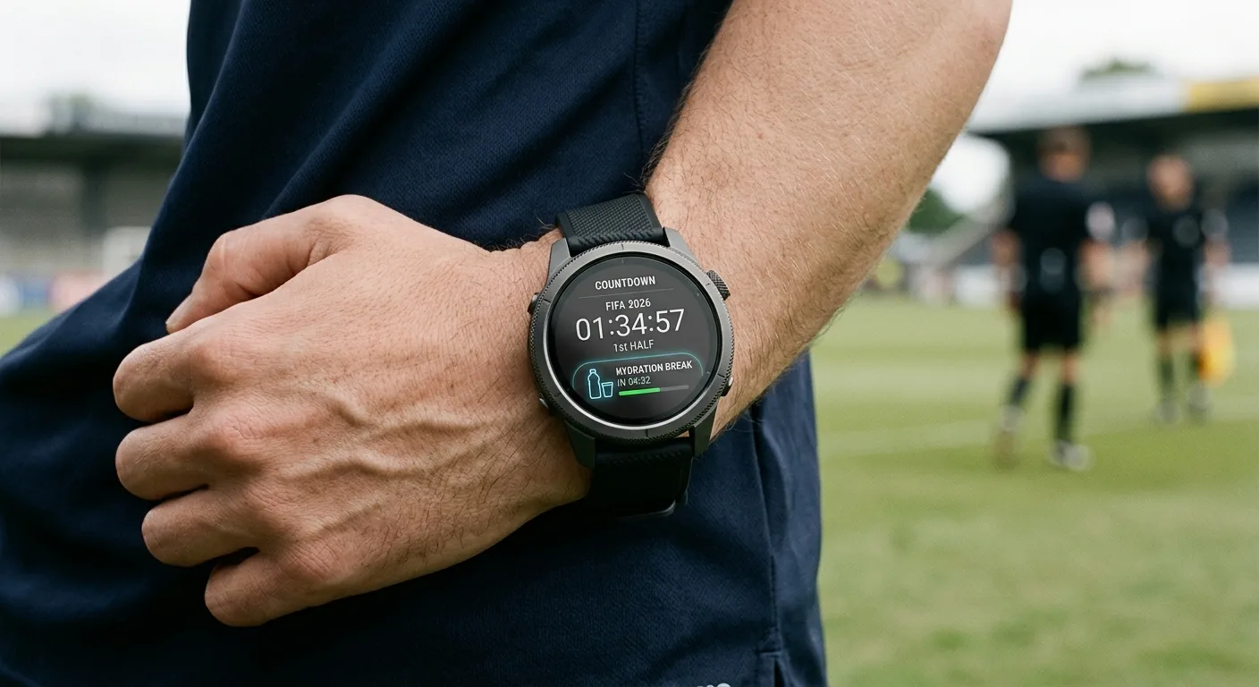 A close-up of a professional referee's high-tech smartwatch displaying the new 2026 countdown timer and hydration break 