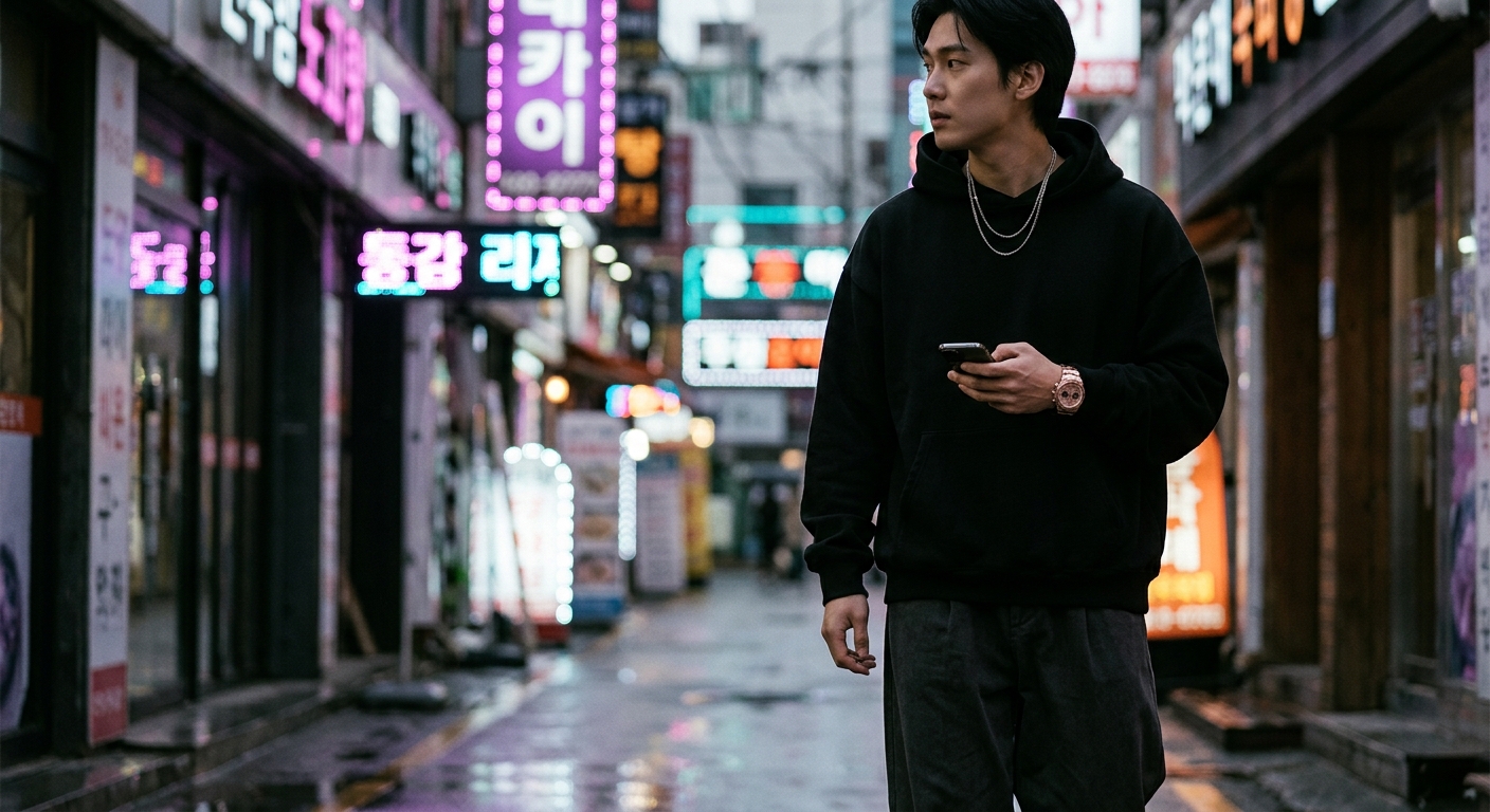A stylish individual wearing a black oversized hoodie, with the rose gold Otto Chrono watch visible on their wrist again