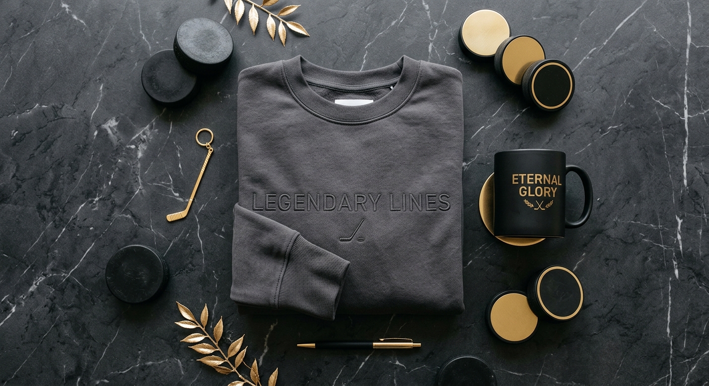 A clean, minimalist flat-lay of the 'Legendary Lines' sweatshirt and 'Eternal Glory' mug on a dark marble table, surroun