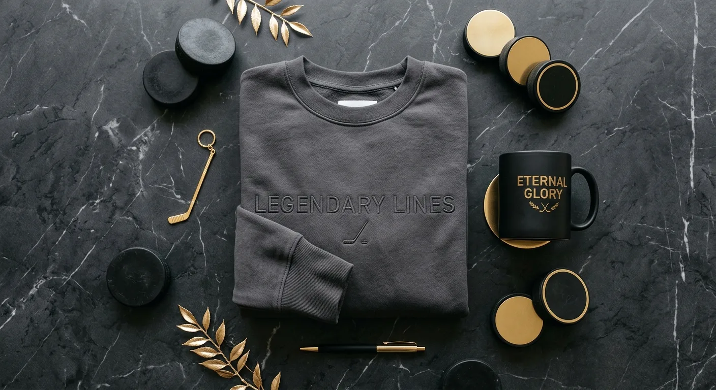 A clean, minimalist flat-lay of the 'Legendary Lines' sweatshirt and 'Eternal Glory' mug on a dark marble table, surroun