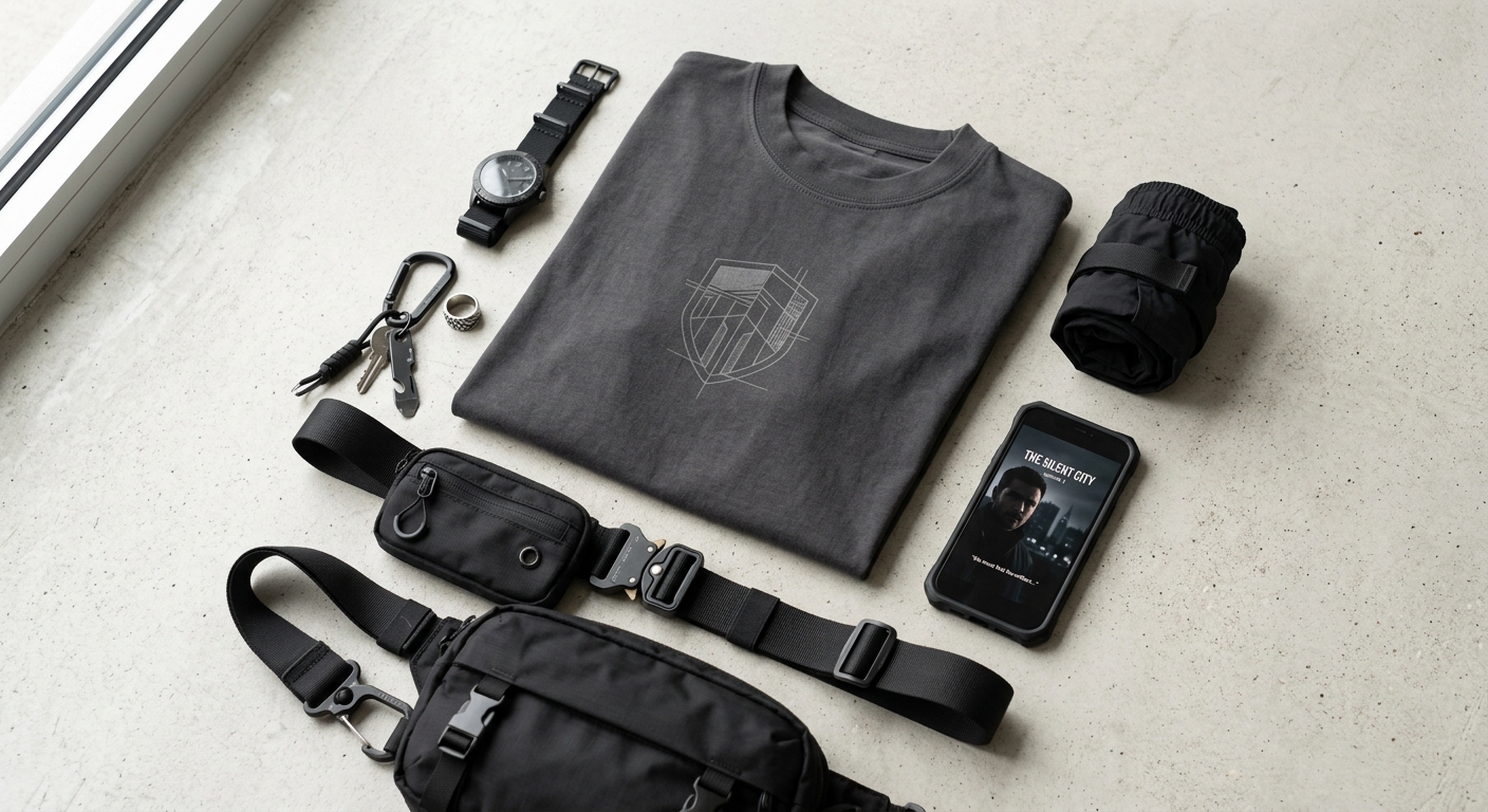 A flat lay of the 'Armor of Faith' heavyweight t-shirt styled with techwear accessories and a smartphone showing a verti