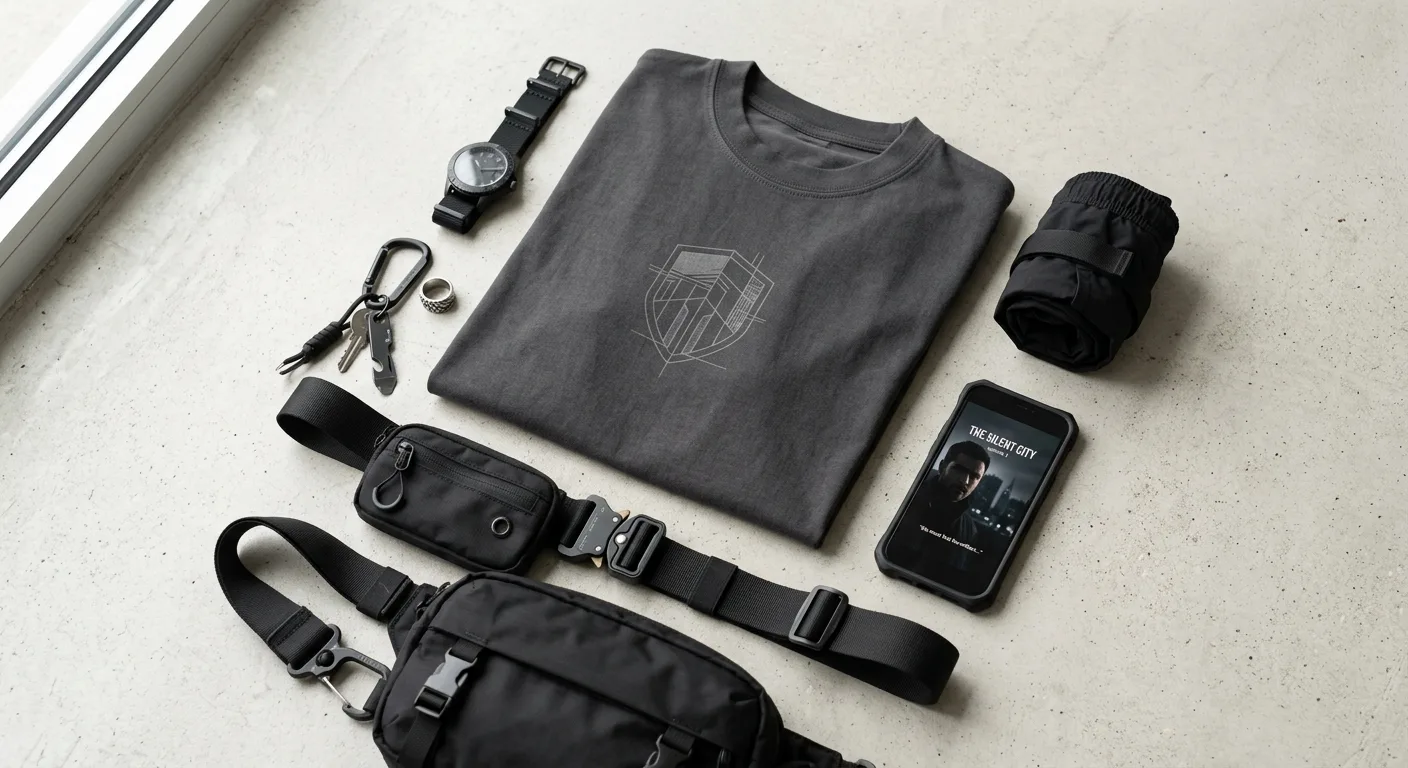 A flat lay of the 'Armor of Faith' heavyweight t-shirt styled with techwear accessories and a smartphone showing a verti