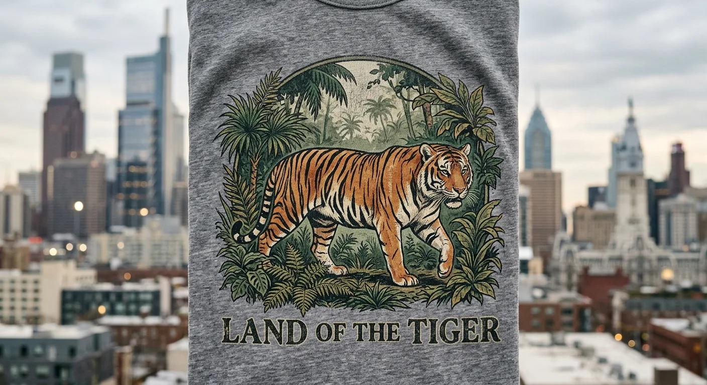 A close-up of a high-quality cotton t-shirt fabric showing the intricate texture of the 'Land of the Tiger' vintage grap