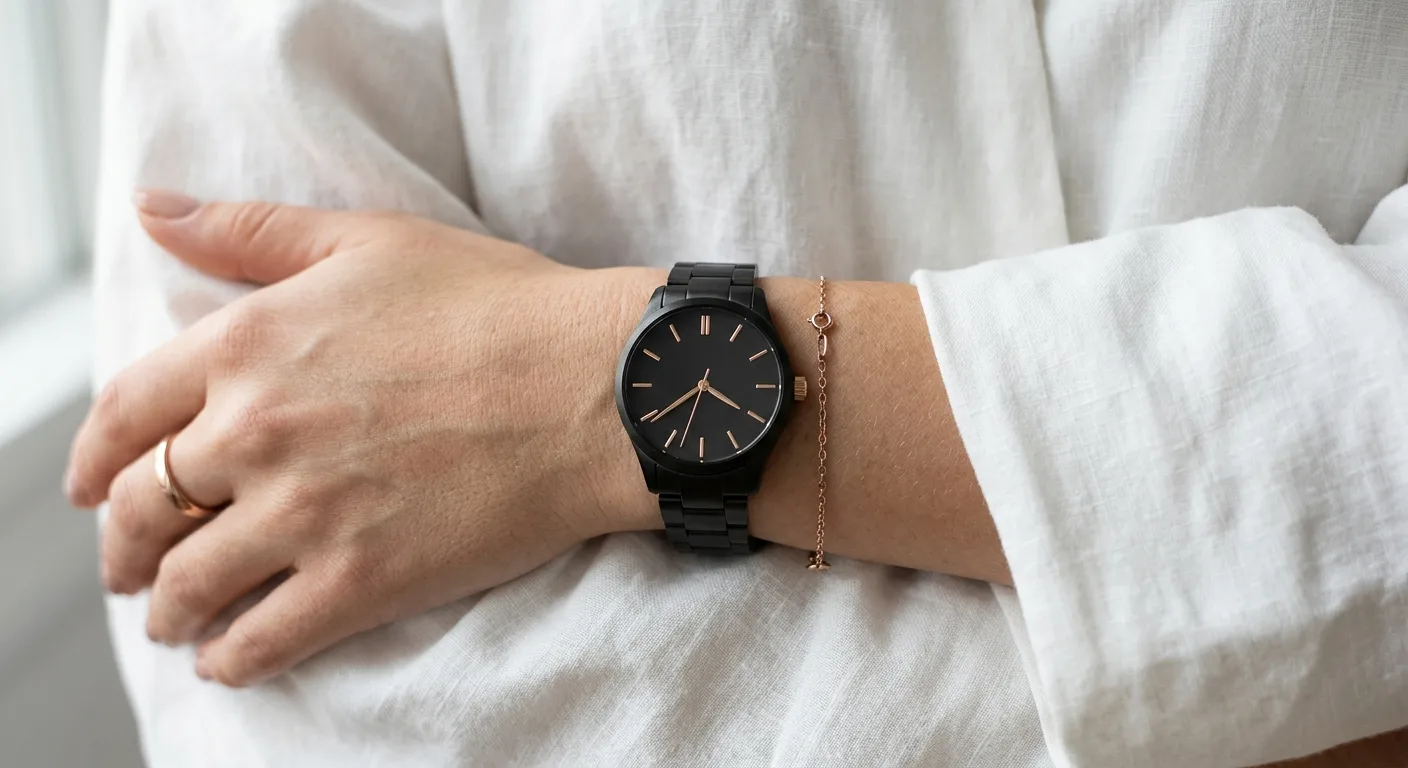 A close-up shot of a person's wrist wearing a matte black stainless steel watch with rose gold hands and a matching rose