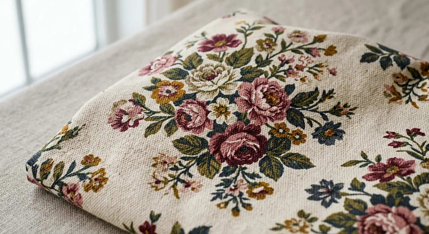 A close-up detail shot of heavy-duty cotton canvas fabric with a high-resolution all-over floral print, showing the text
