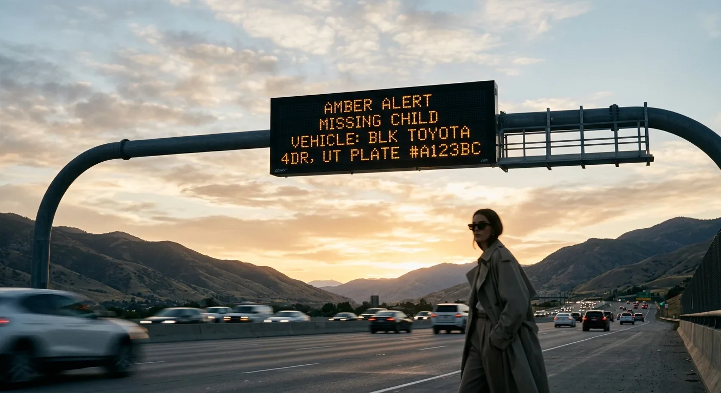 A digital UDOT highway sign over a Utah freeway displaying a 'Missing Child' alert with vehicle descriptions during a su