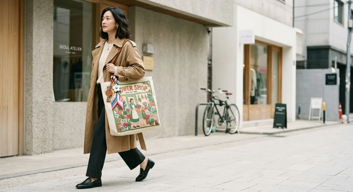 Girl and Flower Shop Tote Bag AOP: 2026 K-Fashion Style Guide