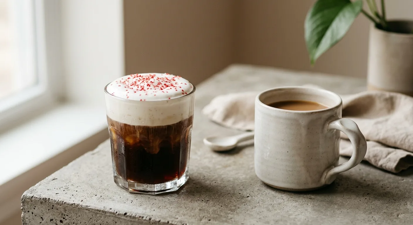 A close-up of a perfectly layered cold brew topped with thick white peppermint cold foam and red sugar sprinkles, sittin