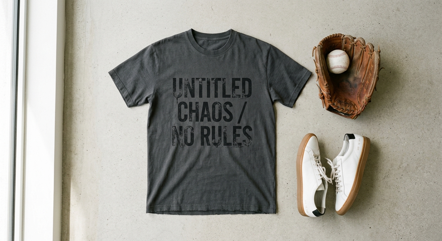 A flat-lay photograph showcasing a heavyweight cotton t-shirt with edgy distressed typography next to a pair of designer