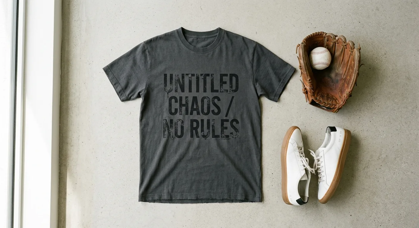 A flat-lay photograph showcasing a heavyweight cotton t-shirt with edgy distressed typography next to a pair of designer