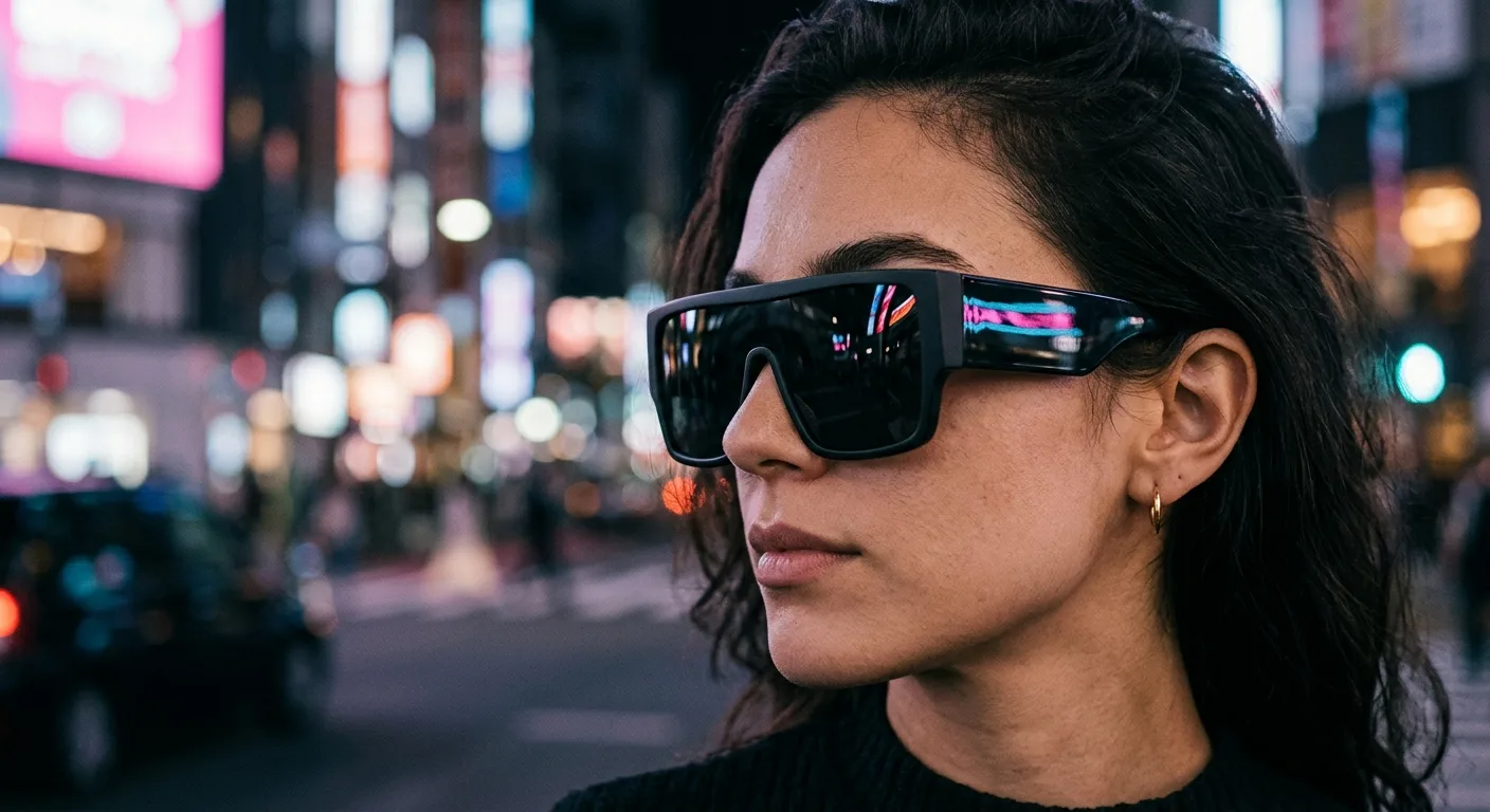 A close-up detail shot of a person wearing chunky square shield sunglasses, showing the seamless bridge and the thick ar