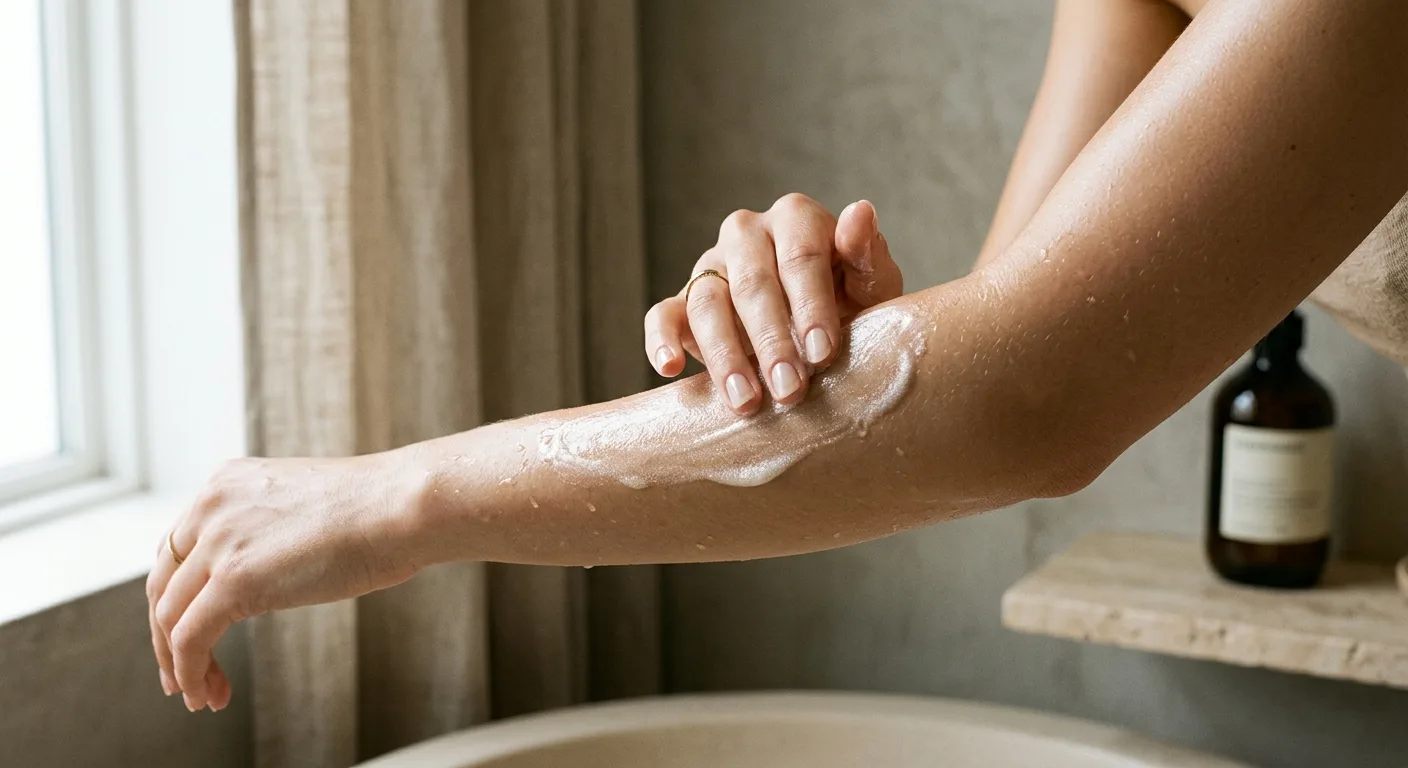 A close-up shot of a luxurious mousse-to-oil body cleanser being applied to smooth skin, showing a shimmering, hydrated 