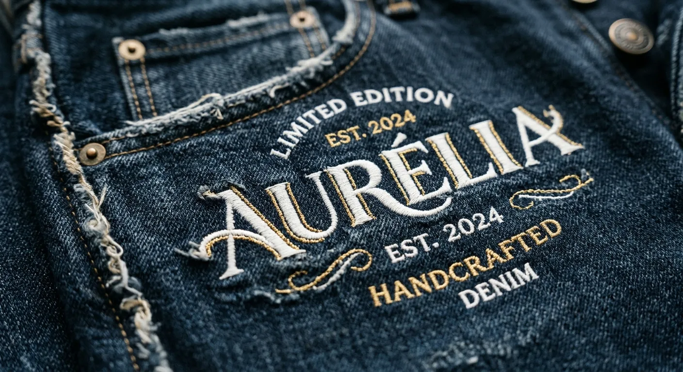 A close-up detail shot of high-quality denim fabric featuring intricate white and gold typography with distressed edges.
