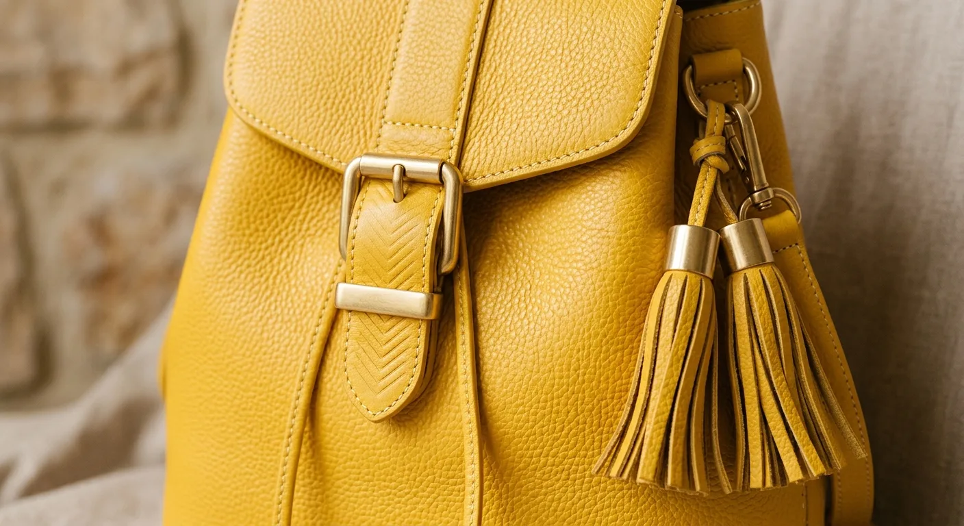 A close-up shot of the gold-tone hardware and decorative leather tassels on a yellow leather backpack, highlighting the 