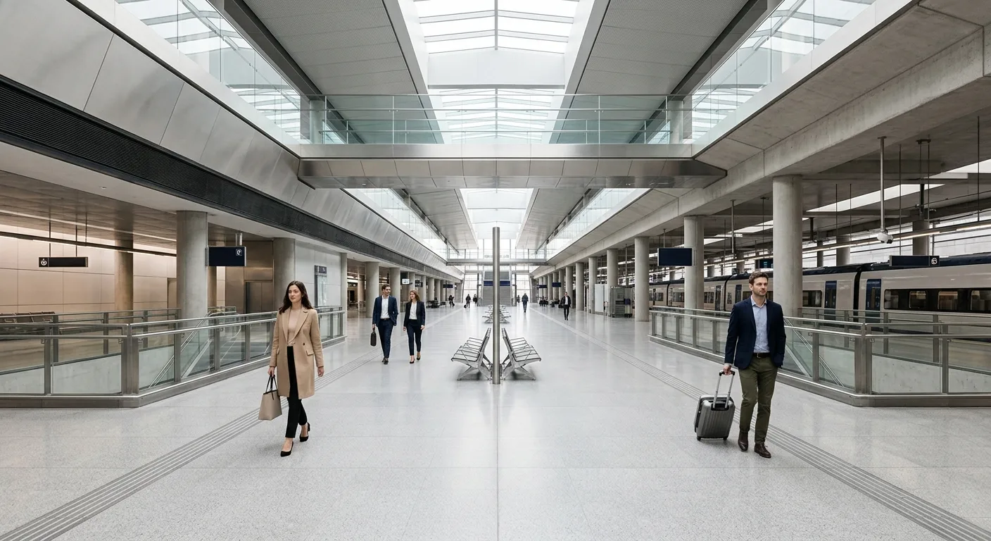 A clean, wide-angle shot of a modern transit concourse with soft lighting, emphasizing a sense of order and high-end urb