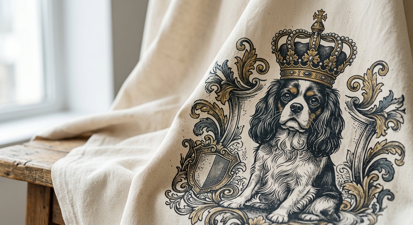 A close-up of premium cotton fabric with intricate vintage-style graphic printing showing a regal dog and golden crown.