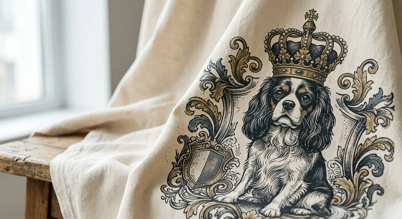 A close-up of premium cotton fabric with intricate vintage-style graphic printing showing a regal dog and golden crown.