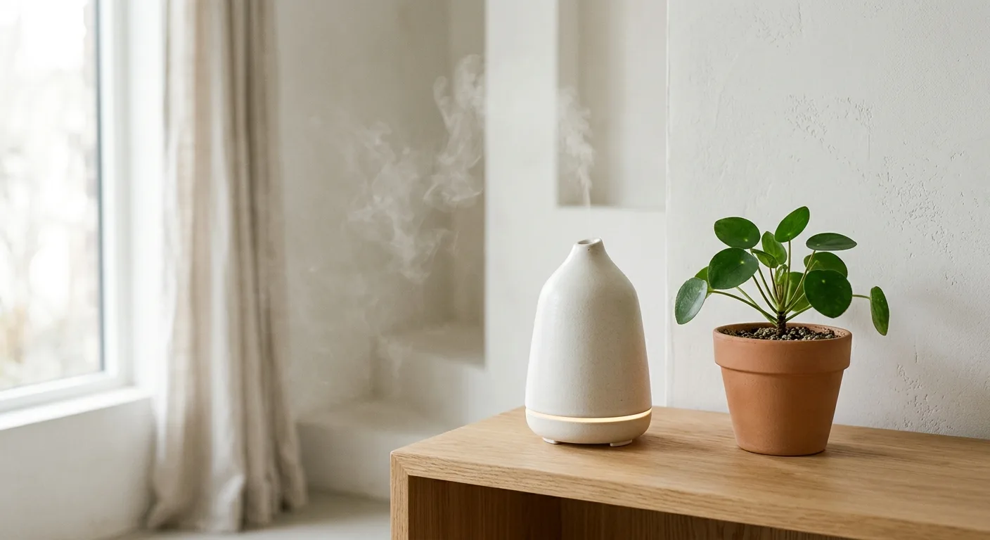A close-up of a modern ceramic ultrasonic diffuser with a soft LED glow, placed next to a small green plant in a bright,