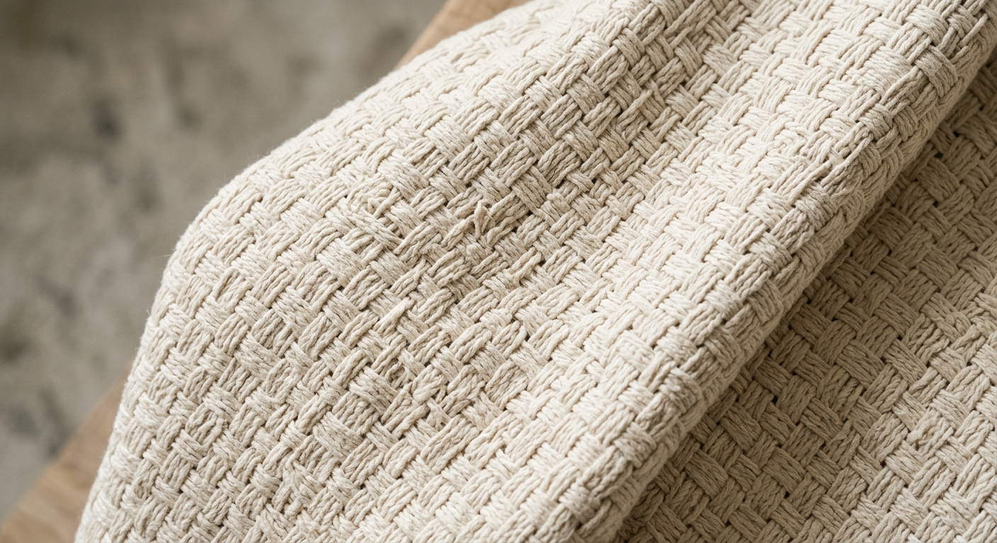 A close-up of a high-quality heavyweight cotton fabric texture showing the intricate weave and durability favored in mod