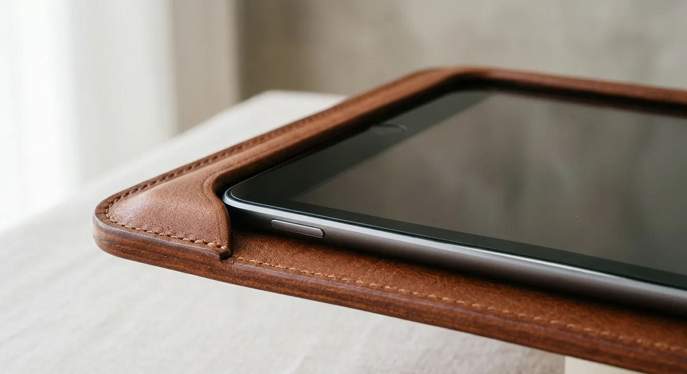 A detailed view of the 5mm offset edge of a leather iPad case, demonstrating how the tablet is recessed within the leath
