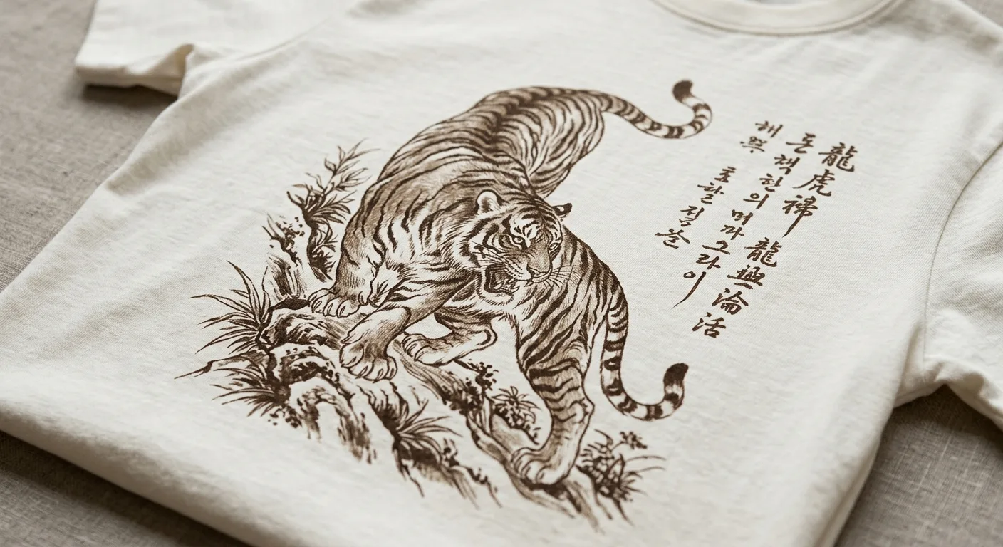 A close-up of a premium cotton t-shirt fabric showing the intricate detail of a sepia-toned Korean tiger design and trad
