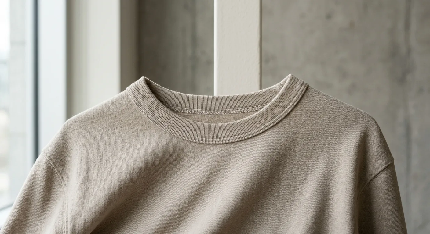 A close-up detail shot of a premium long-sleeve jersey neckline showing the double-needle stitching and soft combed cott