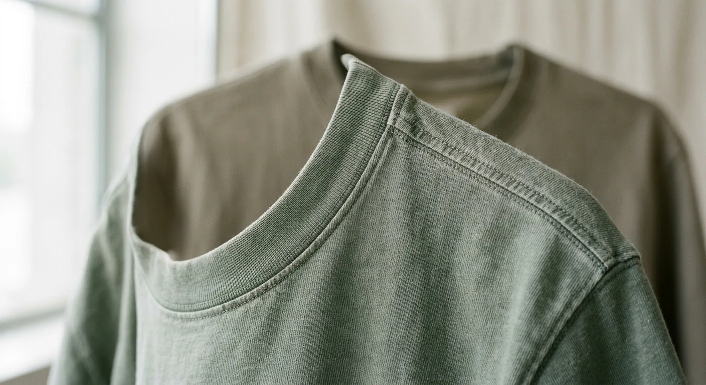 A close-up detail shot of the reinforced neck ribbing and shoulder seams of a garment-dyed shirt, showing the subtle col