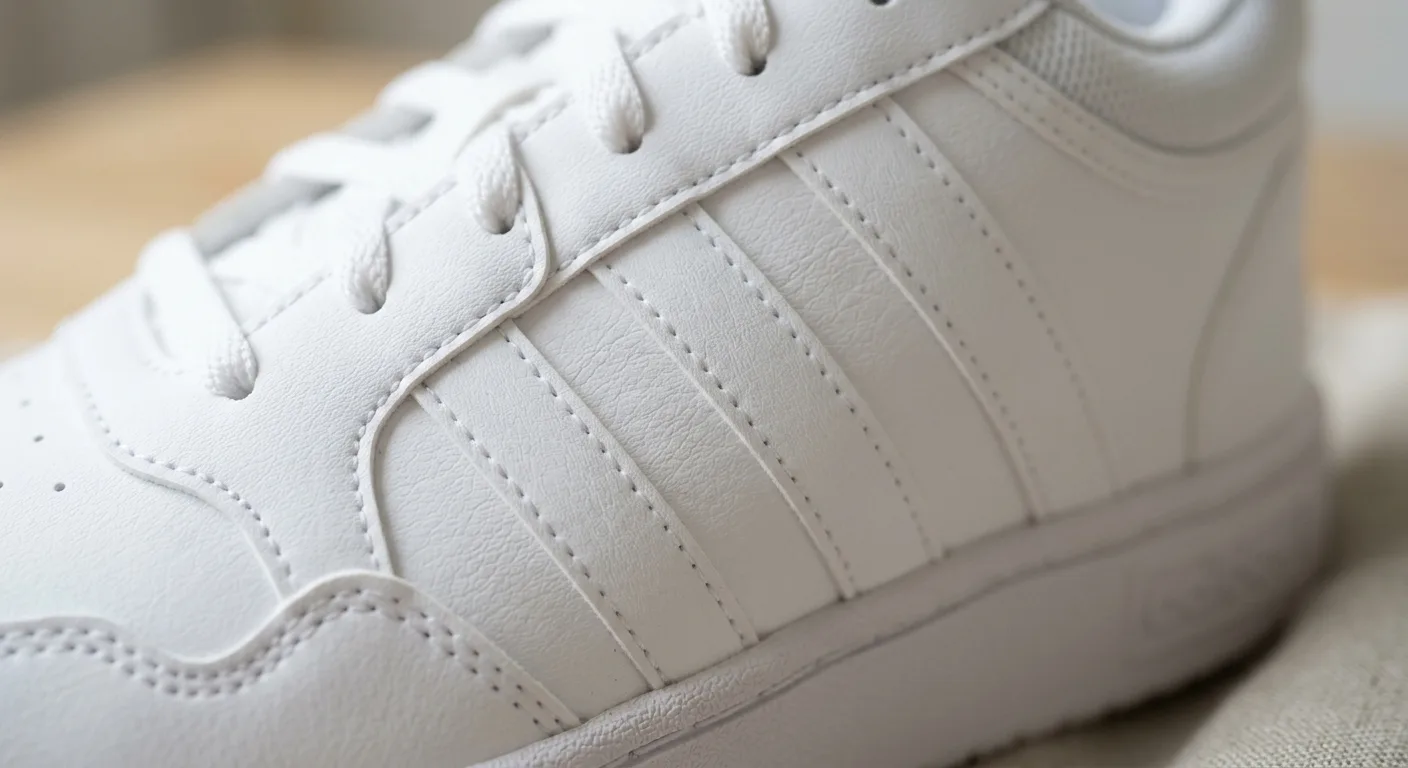 A close-up detail shot of the synthetic leather texture and the tonal 3-Stripes on the side of a white adidas Hoops 3.0