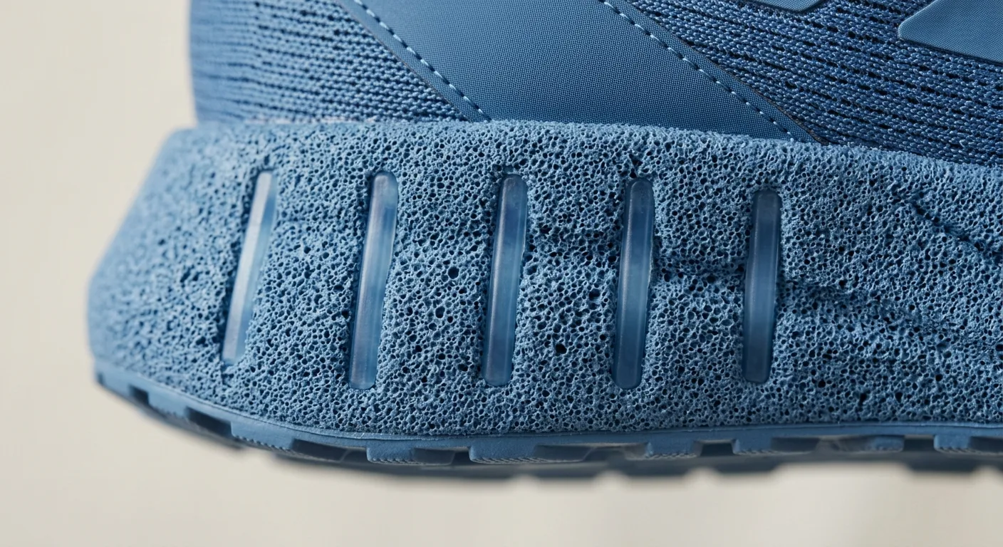 A close-up macro shot of the Dreamstrike+ foam and the foam Support Rods visible in the midsole of a blue Adidas running