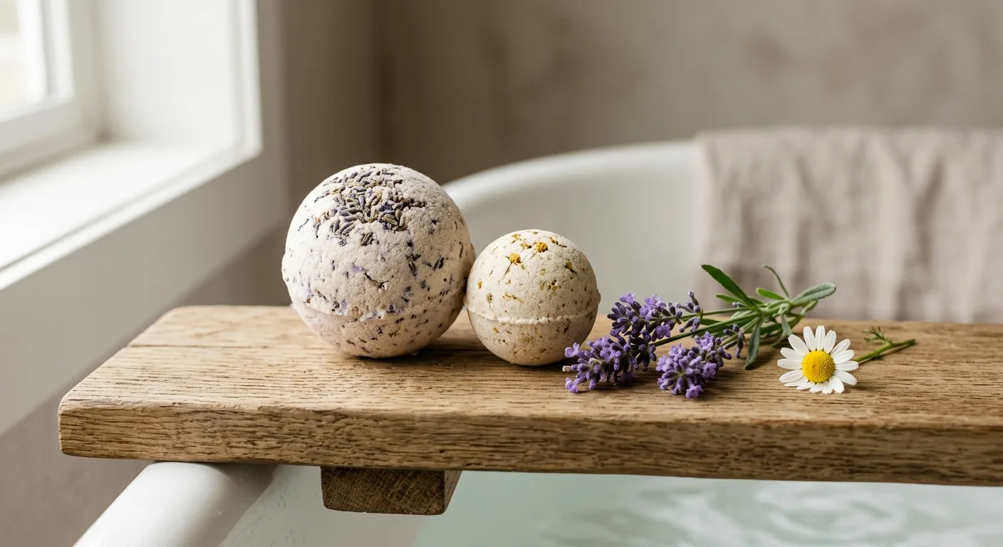 A close-up of two organic bath bombs in different sizes resting on a wooden bath caddy next to a sprig of fresh lavender