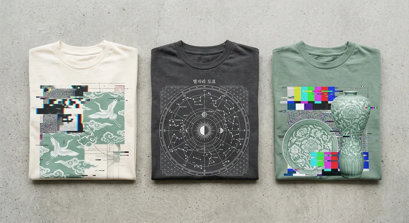 A flat-lay of three premium Korean aesthetic graphic tees showing a mix of glitch art, traditional celadon motifs, and a
