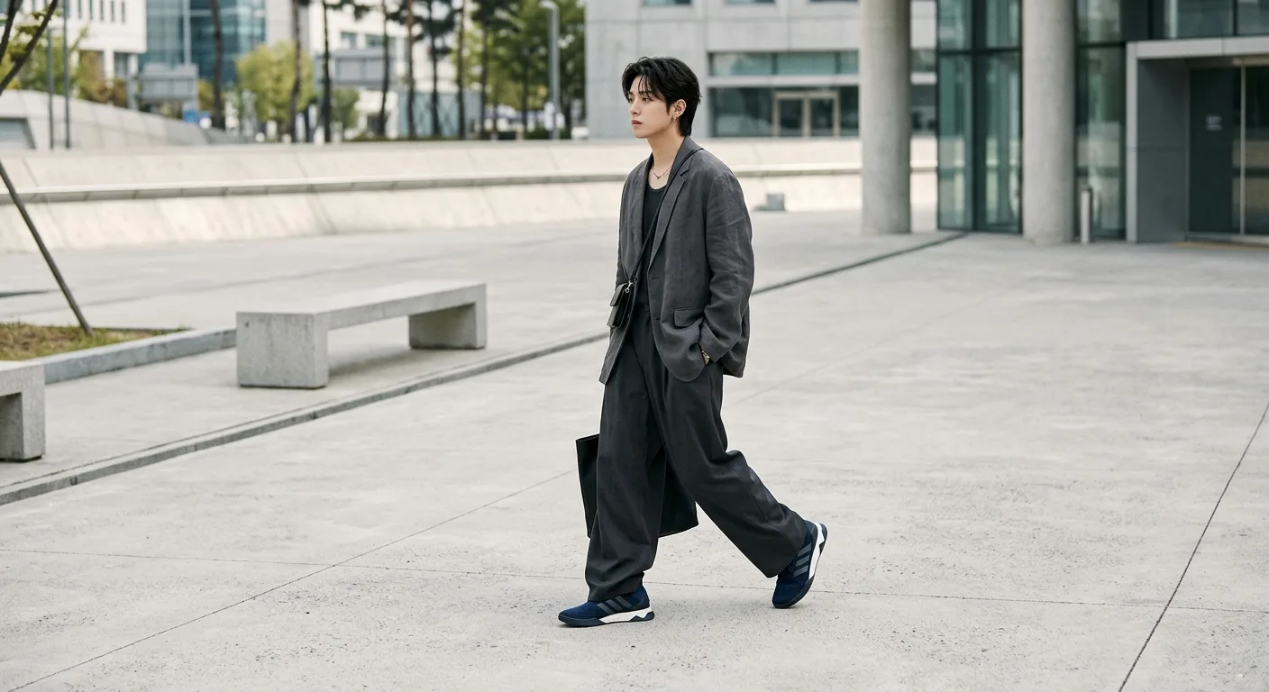 A stylish individual in Seoul wearing oversized charcoal trousers and the dark blue Predator Tango shoes, walking across