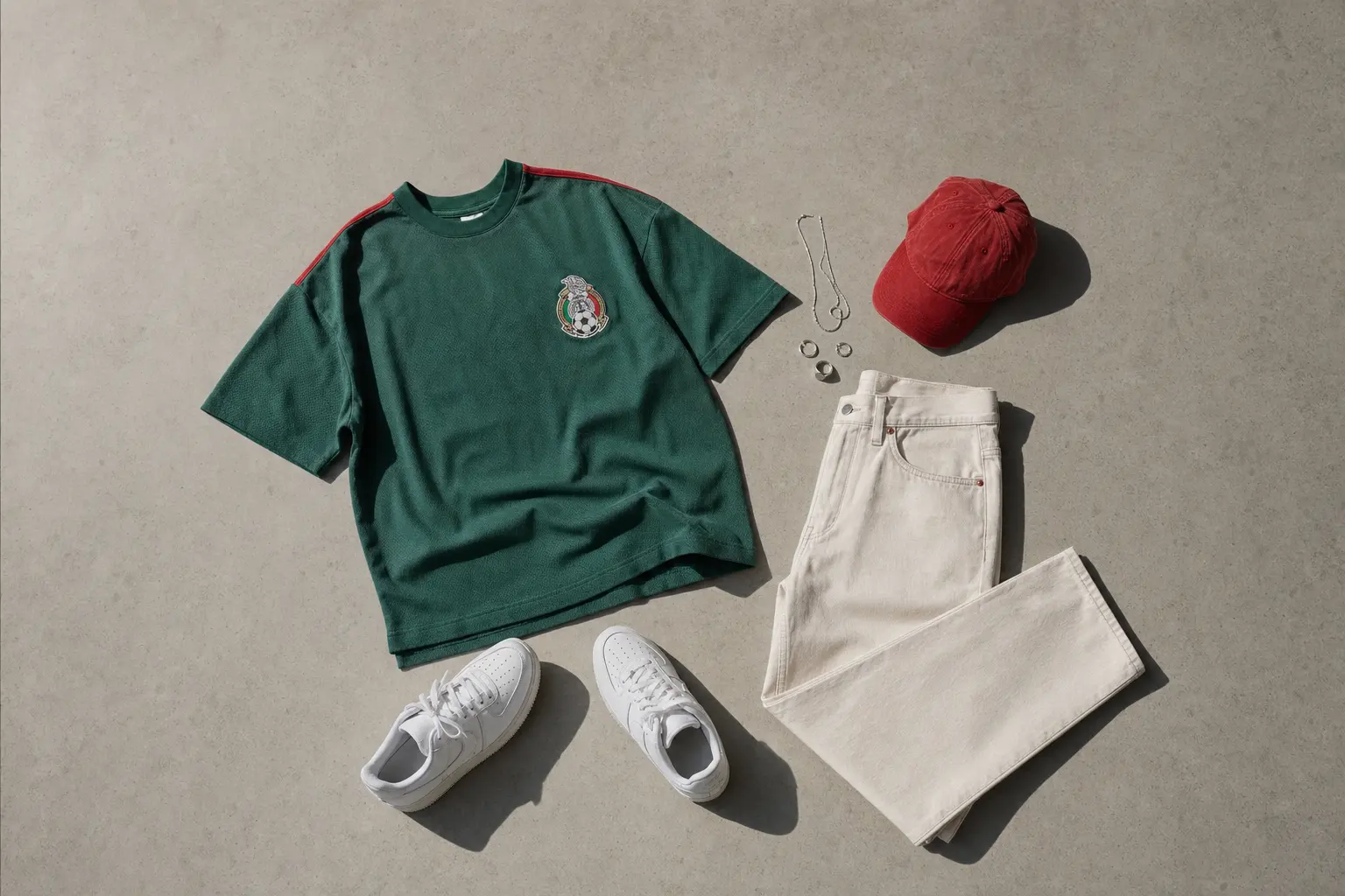 For the color palette section: A flat lay of a Mexico game outfit arranged on a neutral concrete floor, featuring a deep