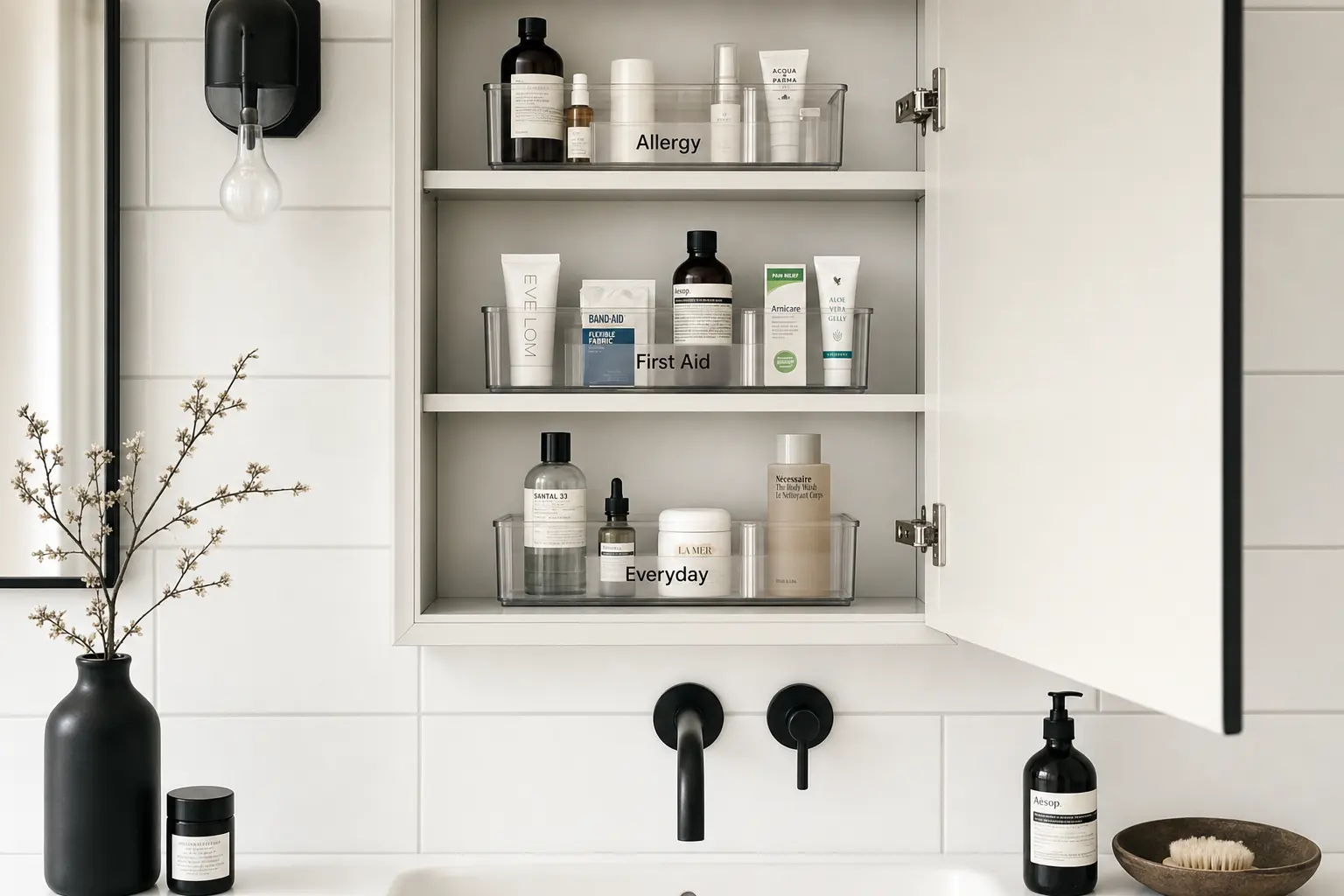 For the section on the minimalist medicine cabinet: an open cabinet with clear, labeled containers reading 'Allergy', 'F