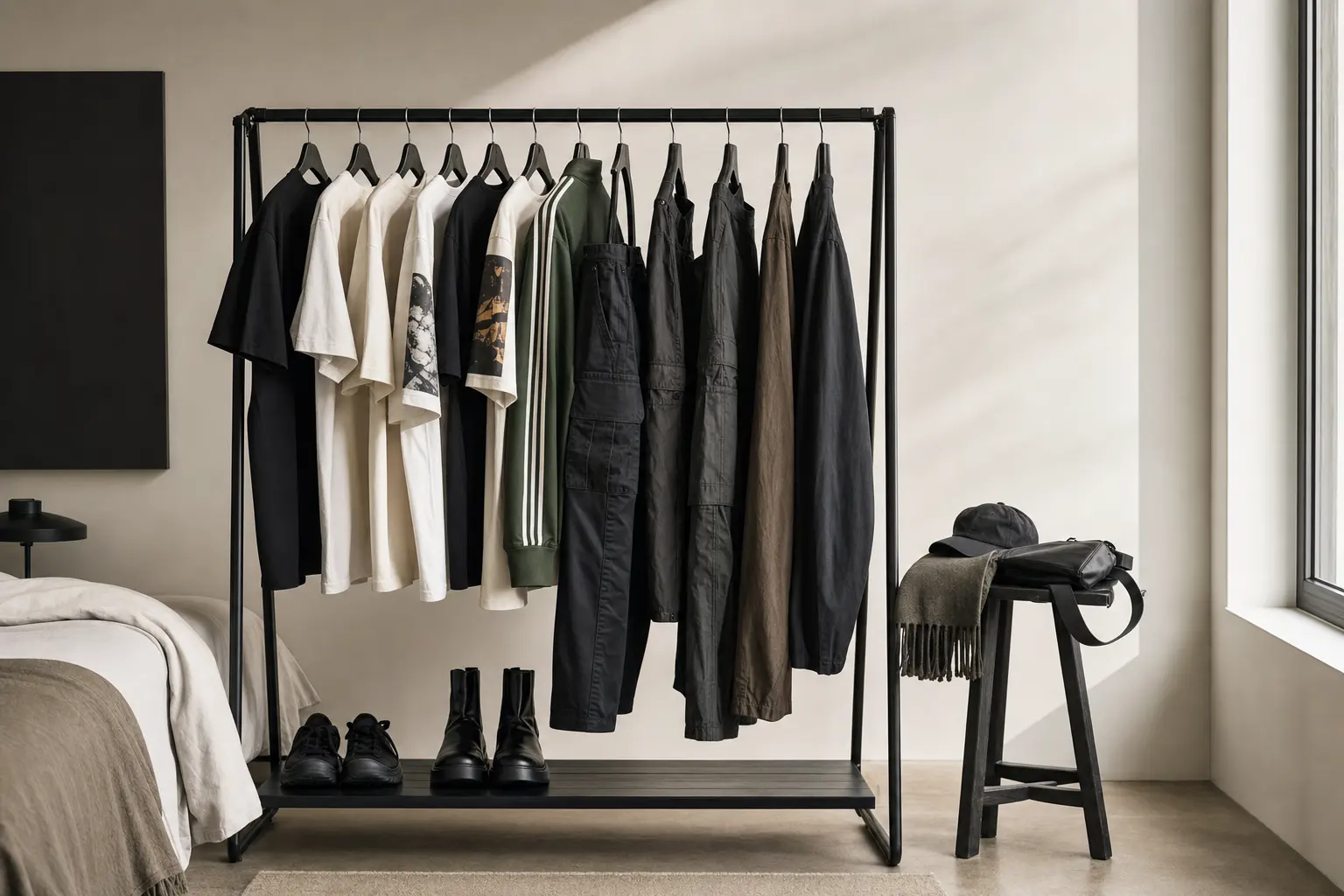 For the capsule wardrobe section: An open clothing rack in a minimalist bedroom, holding a tight edit of pieces—black an