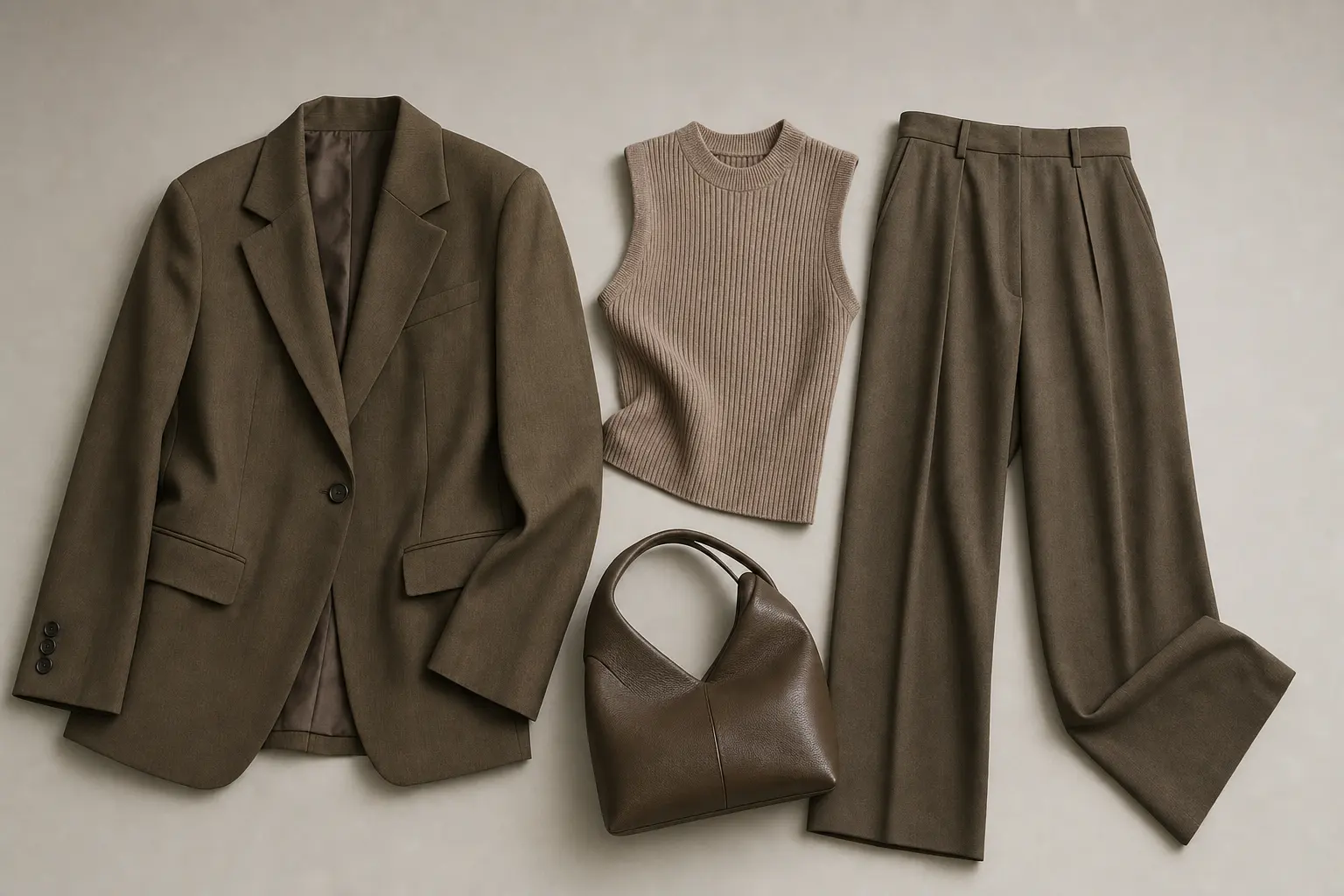 An indoor studio scene showing an earth-sign capsule outfit laid flat on a neutral backdrop: a structured blazer, ribbed