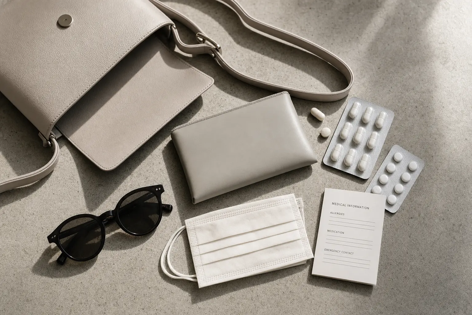 For the section about designing a stylish allergy kit: a flat-lay of a chic crossbody bag emptied onto a concrete surfac