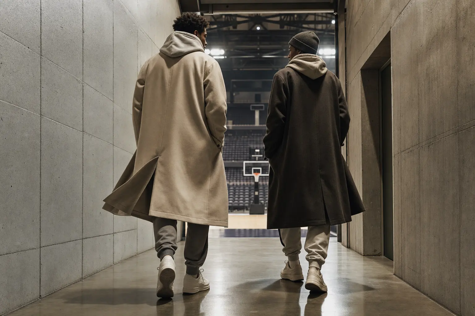 For the game-day wardrobe section, depict a hallway tunnel leading to a basketball court with two figures walking side b