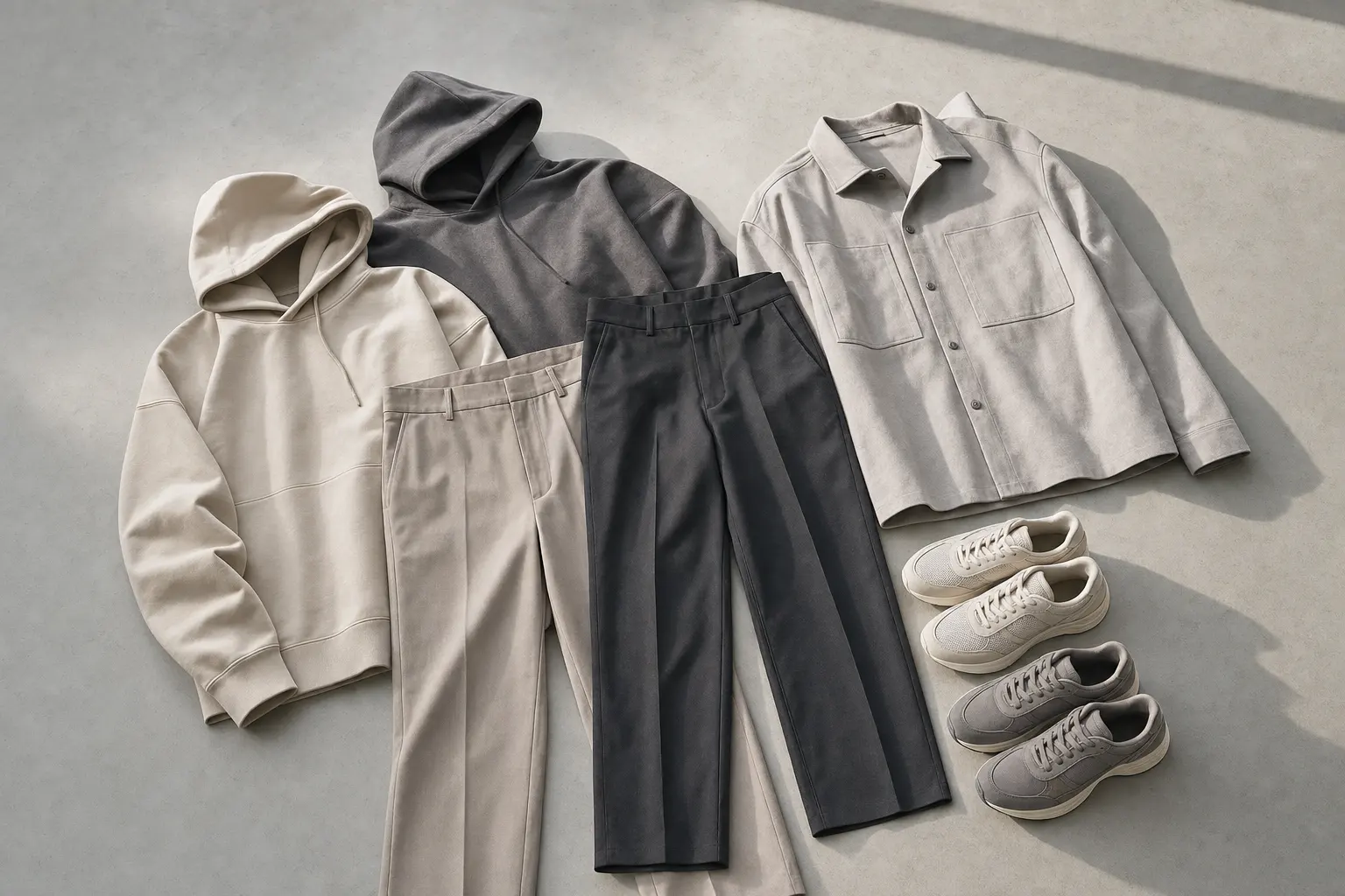 For the Korean minimalist athleisure section, create a flat lay of neatly arranged clothing on a concrete or light stone