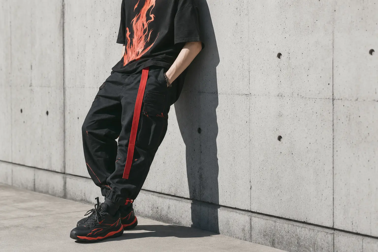 A close-up shot of a fire-sign inspired streetwear look: a person in an oversized graphic tee, tailored cargo pants, and