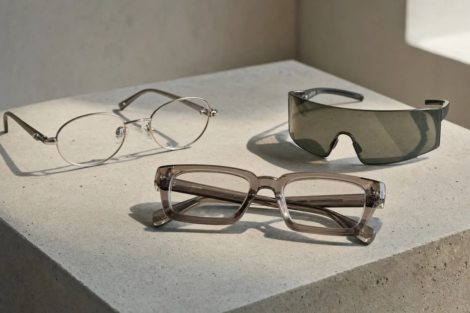Three eyewear styles laid out on a minimalist concrete tabletop: thin metal ovals, wraparound shield, and translucent ac