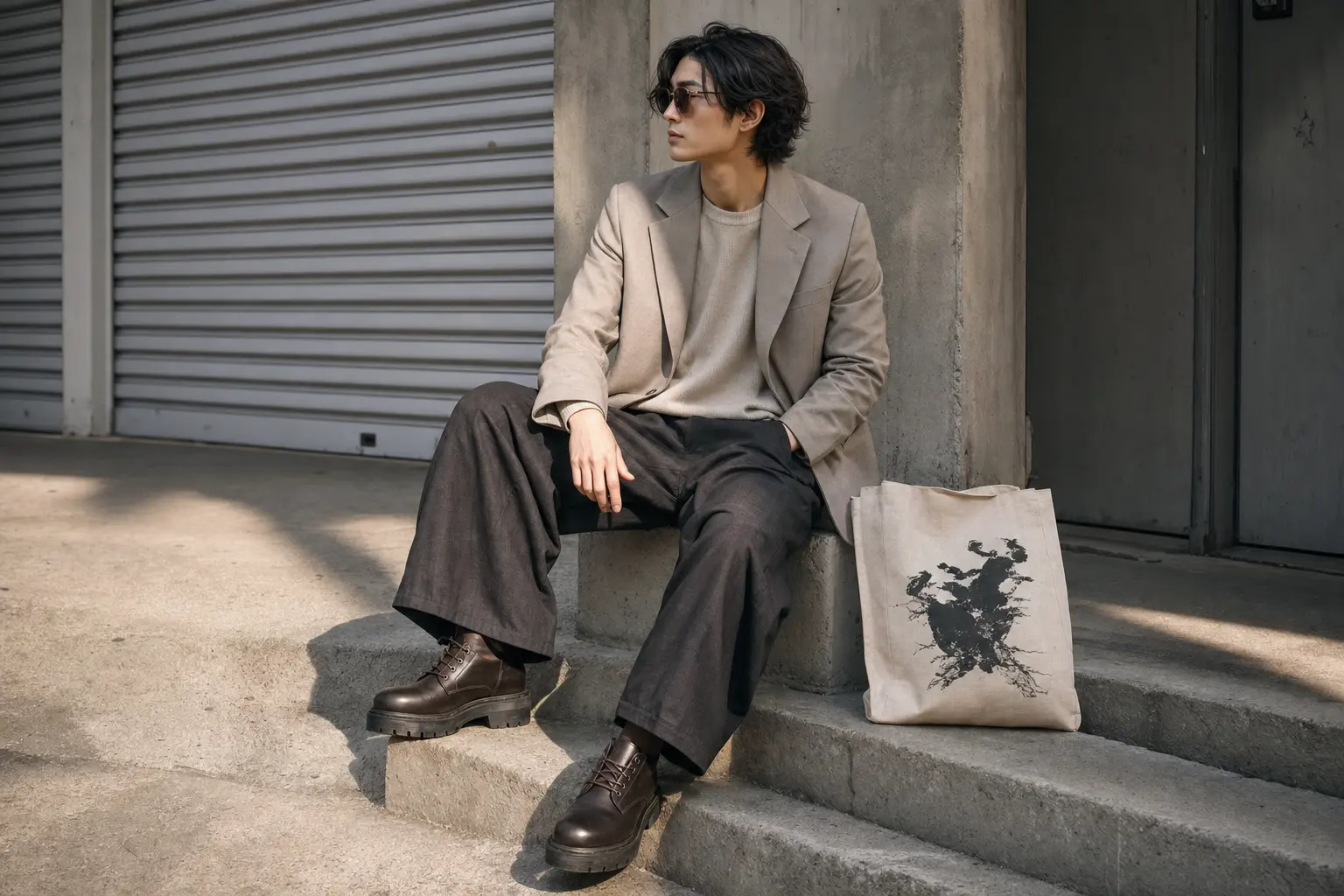 For the mixing-styles section: a medium shot of a single model sitting on concrete steps, styled in a hybrid outfit comb