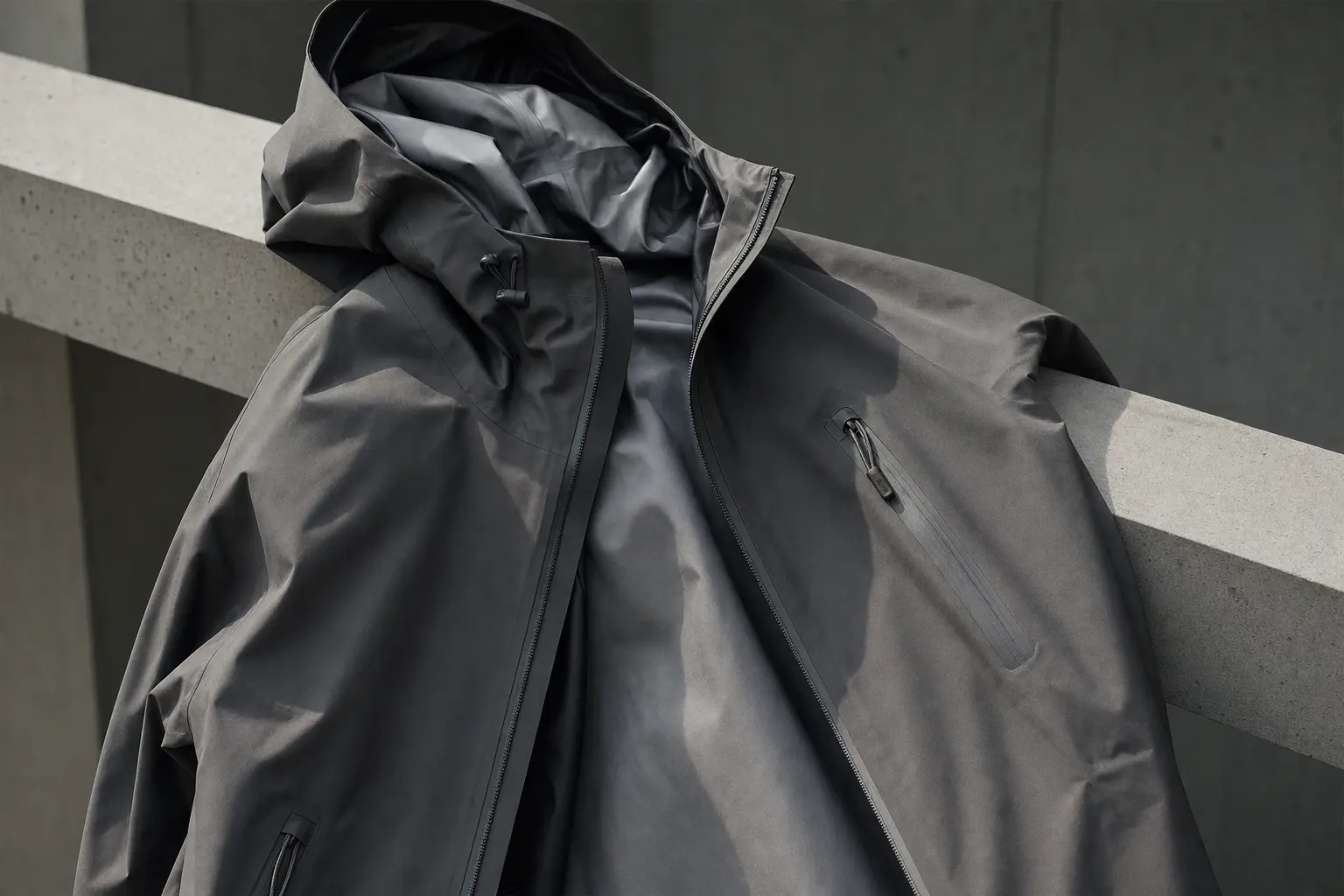 Close-up of a technical nylon shell jacket hanging on a concrete rail: matte bonded seams, taped zippers, textured matte