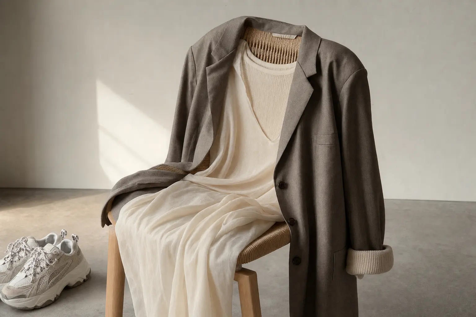 Editorial shot of an oversized blazer draped over a chair with a slim semi‑sheer dress beneath: visible front tuck of th